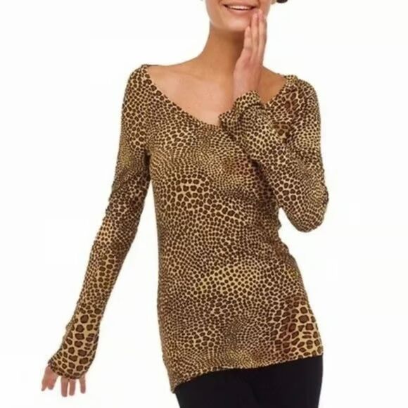 NORMA KAMALI Brown Yellow Leopard Print Scoop Neck Jersey Stretch Shirt Small - Picture 1 of 8